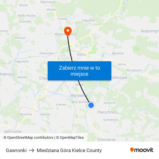 Gawronki to Miedziana Góra Kielce County map