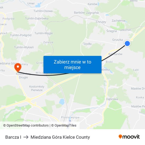Barcza I to Miedziana Góra Kielce County map