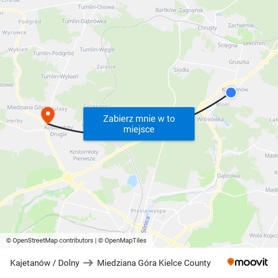 Kajetanów / Dolny to Miedziana Góra Kielce County map