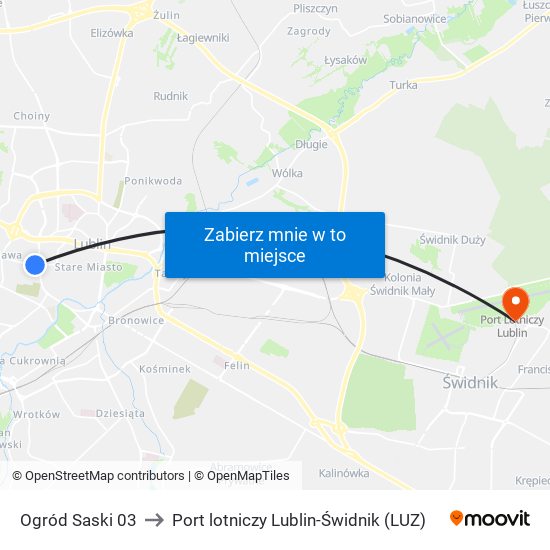 Ogród Saski 03 to Port lotniczy Lublin-Świdnik (LUZ) map
