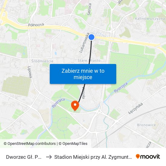 Dworzec Gł. Pks 01 to Stadion Miejski przy Al. Zygmuntowskich map