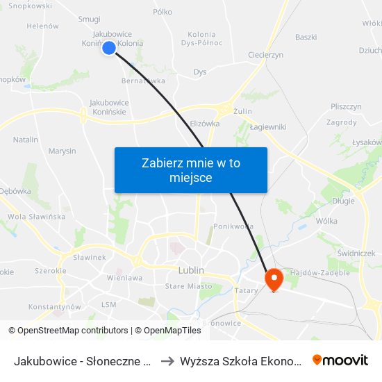 Jakubowice - Słoneczne Wzgórze NŻ 02 to Wyższa Szkoła Ekonomii I Innowacji map