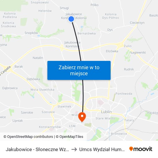 Jakubowice - Słoneczne Wzgórze NŻ 01 to Umcs Wydział Humanistyczny map