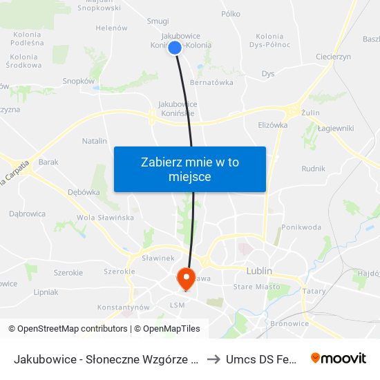 Jakubowice - Słoneczne Wzgórze NŻ 01 to Umcs DS Femina map