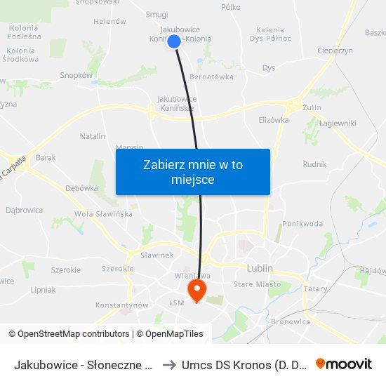 Jakubowice - Słoneczne Wzgórze NŻ 01 to Umcs DS Kronos (D. DS Zaocznego) map