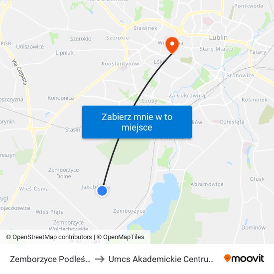 Zemborzyce Podleśne - Skrzyżowanie NŻ 01 to Umcs Akademickie Centrum Kultury I Mediów ""Chatka Żaka"" map