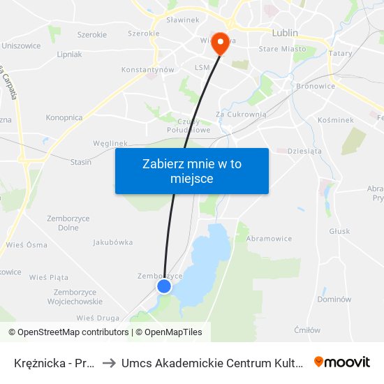 Krężnicka - Przychodnia 02 to Umcs Akademickie Centrum Kultury I Mediów ""Chatka Żaka"" map