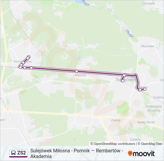 Mapa linii autobus ZS2