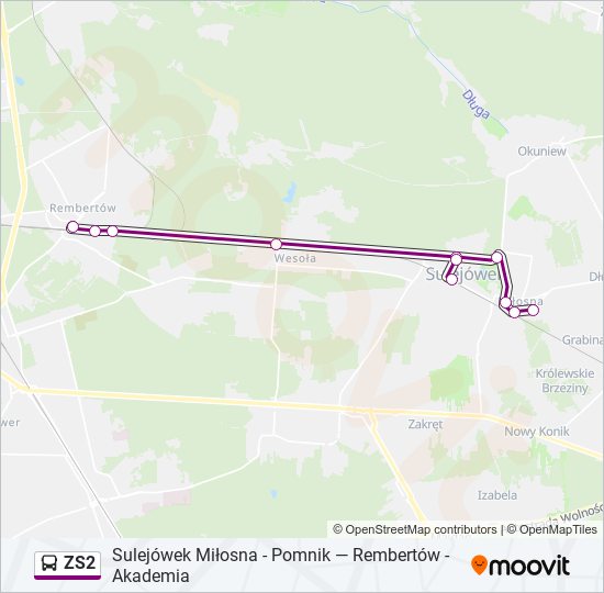 Mapa linii autobus ZS2