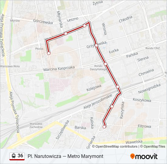 Mapa linii tramwaj 36