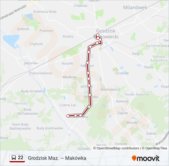 Mapa linii autobus 22