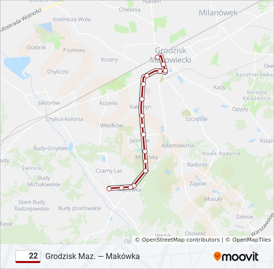 Mapa linii autobus 22