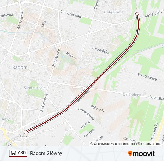 Mapa linii autobus Z80