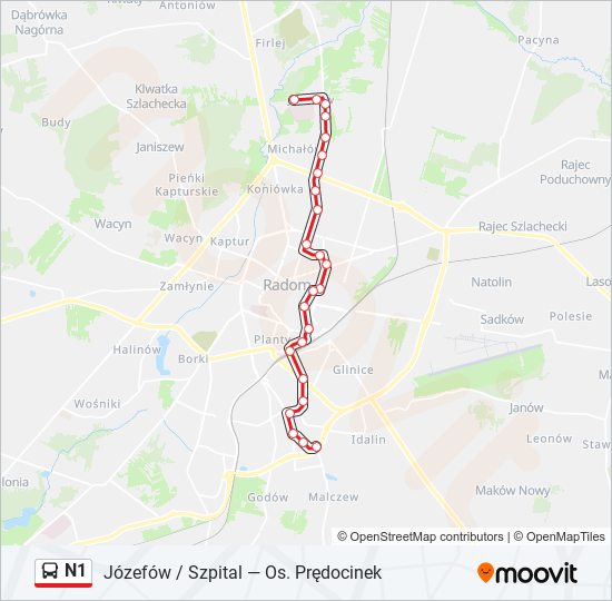 Mapa linii autobus N1