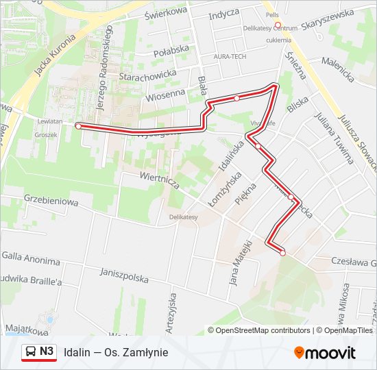 Mapa linii autobus N3