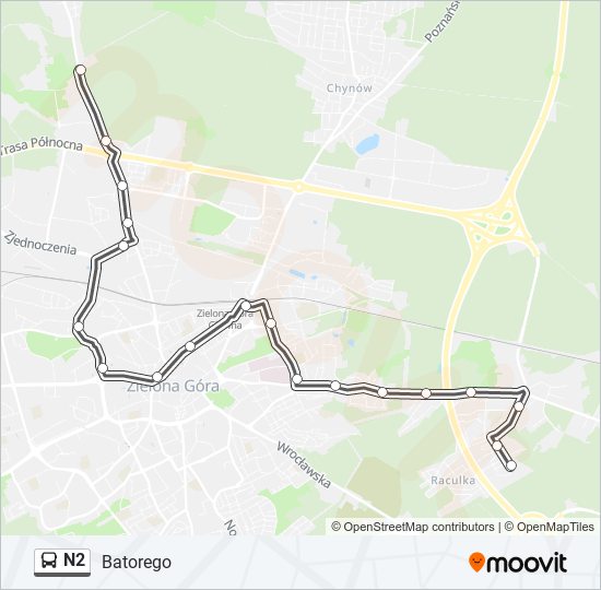 Mapa linii autobus N2