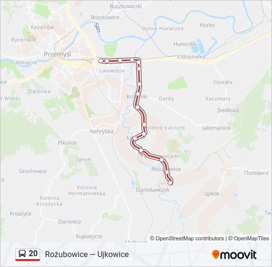 Mapa linii autobus 20