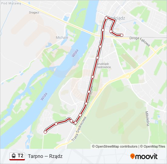 Mapa linii tramwaj T2