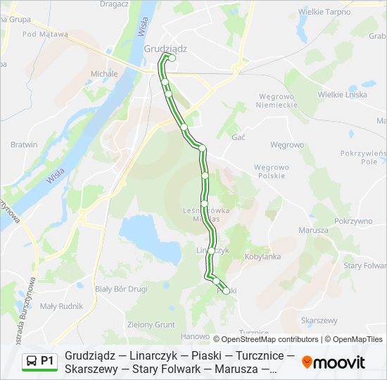 Mapa linii autobus P1