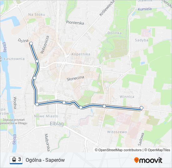 Mapa linii tramwaj 3