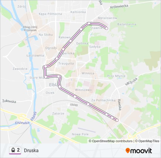 Mapa linii tramwaj 2