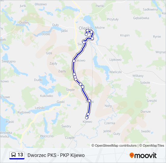 Mapa linii autobus 13