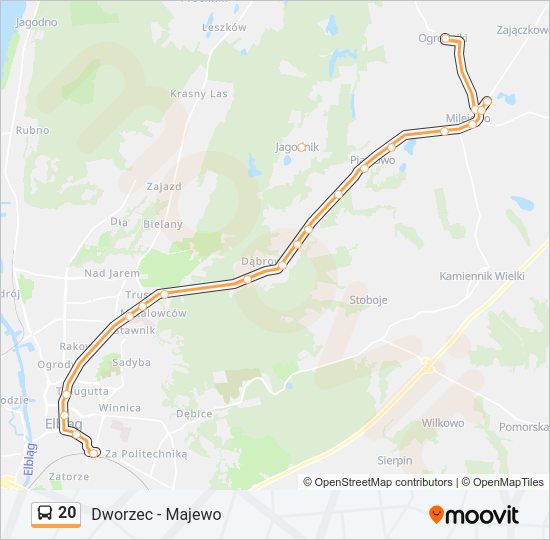 Mapa linii autobus 20