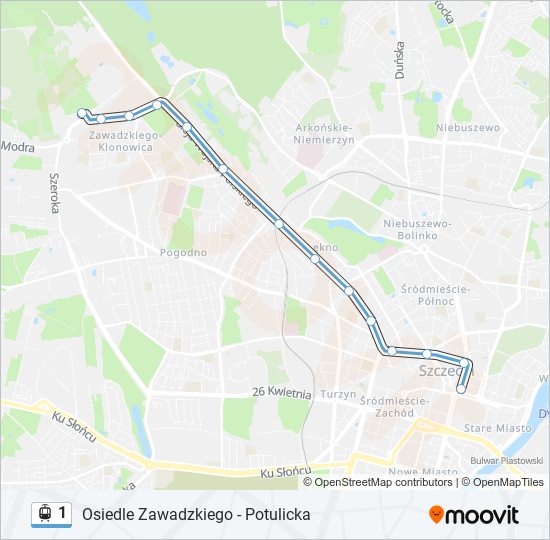 Mapa linii tramwaj 1