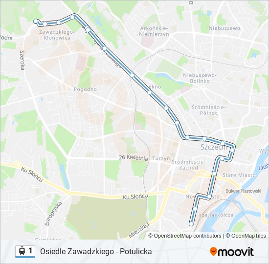 Mapa linii tramwaj 1