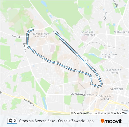 Mapa linii tramwaj 5