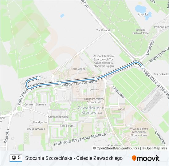 Mapa linii tramwaj 5