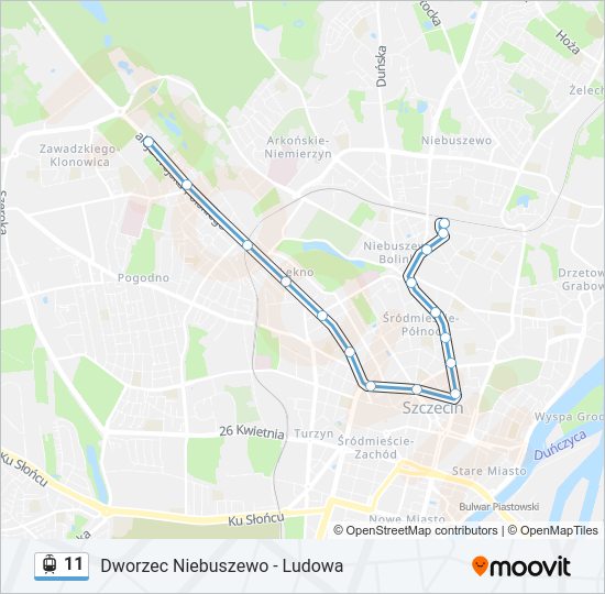 Mapa linii tramwaj 11