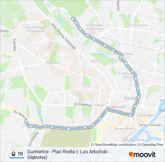 Mapa linii tramwaj 10