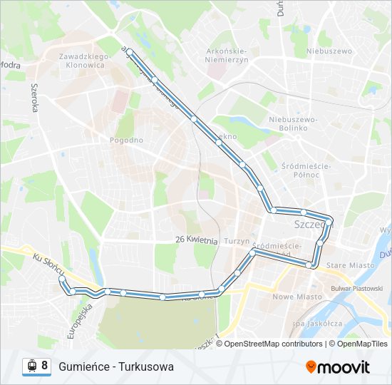 Mapa linii tramwaj 8