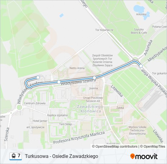 Mapa linii tramwaj 7