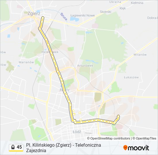 Mapa linii tramwaj 45