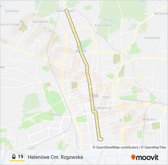 Mapa linii tramwaj 19