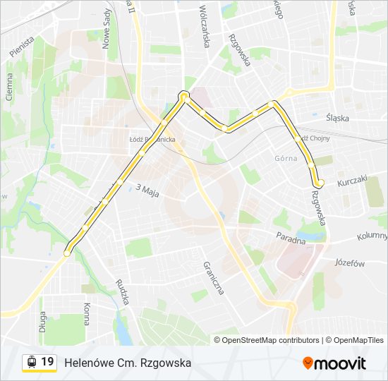 Mapa linii tramwaj 19