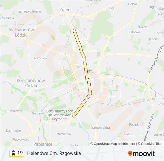 Mapa linii tramwaj 19