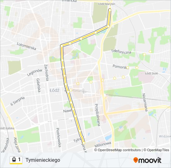 Mapa linii tramwaj 1