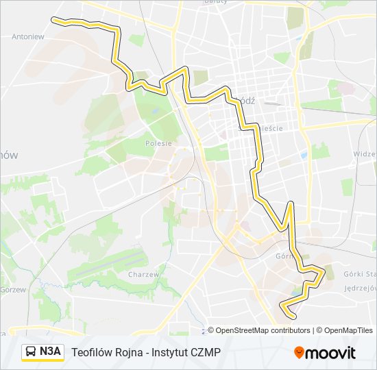 Mapa linii autobus N3A