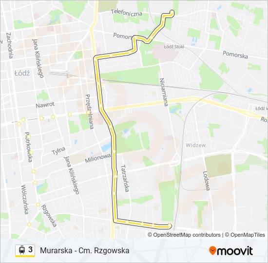 Mapa linii tramwaj 3