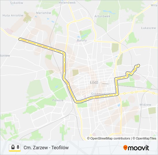 Mapa linii tramwaj 8