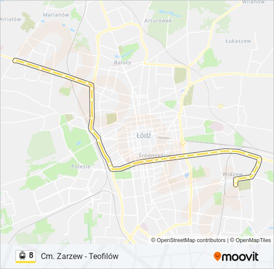 Mapa linii tramwaj 8