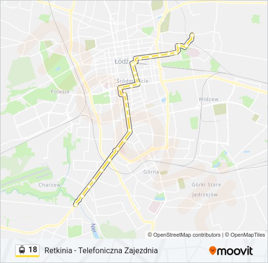 Mapa linii tramwaj 18