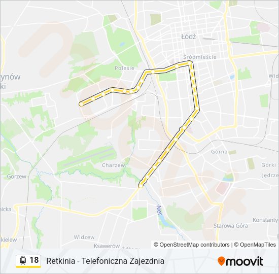 Mapa linii tramwaj 18