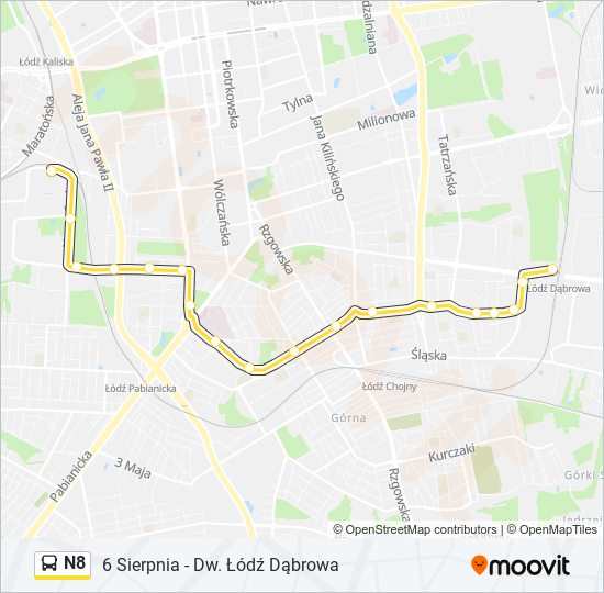 Mapa linii autobus N8