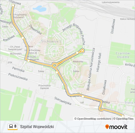 Mapa linii autobus 8