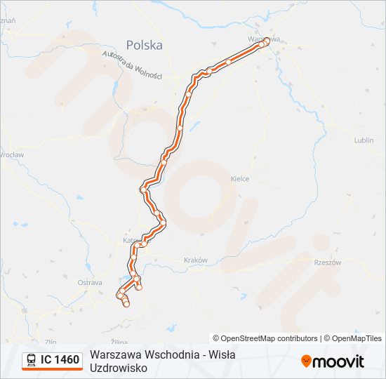 Mapa linii kolej IC 1460