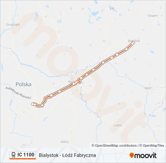 Mapa linii kolej IC 1100